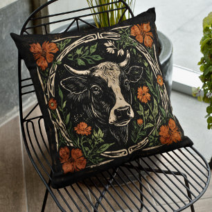 Rustic Art Nouveau Cow Portrait Floral Accent  Cushion