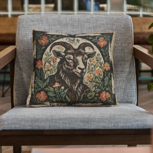 Rustic Art Nouveau Farmhouse Goat Floral Accent Cushion
