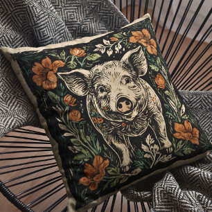 Rustic Art Nouveau Farmhouse Pig Floral Accent  Cushion