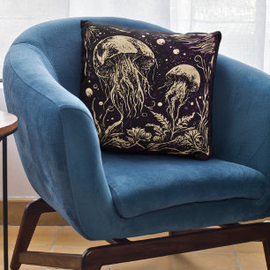 Rustic Art Nouveau Violet Jellyfish Underwater Cushion
