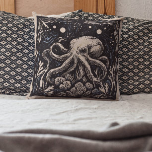 Rustic Art Nouveau Violet Octopus Underwater Cushion