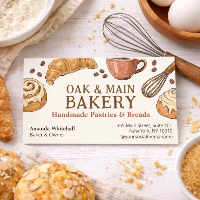 Rustic Artisan Bakery Hand-Drawn Pastries & Breads Business Card (Creator Uploaded)
