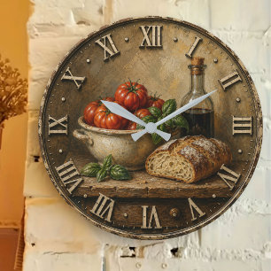 Rustic Artisan Bread & Heirloom Tomatoes Farmhouse Large Clock