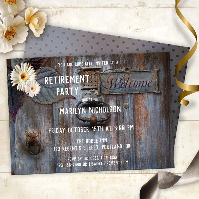 Rustic Artistic Retirement Party Invitation (Elegant retirement party invitation featuring a rustic wood door with daisy flowers)