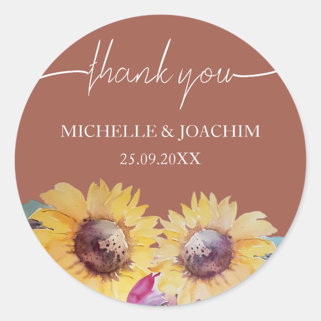 Rustic Artistic Sunflower Watercolor Art Classic Round Sticker (Front)