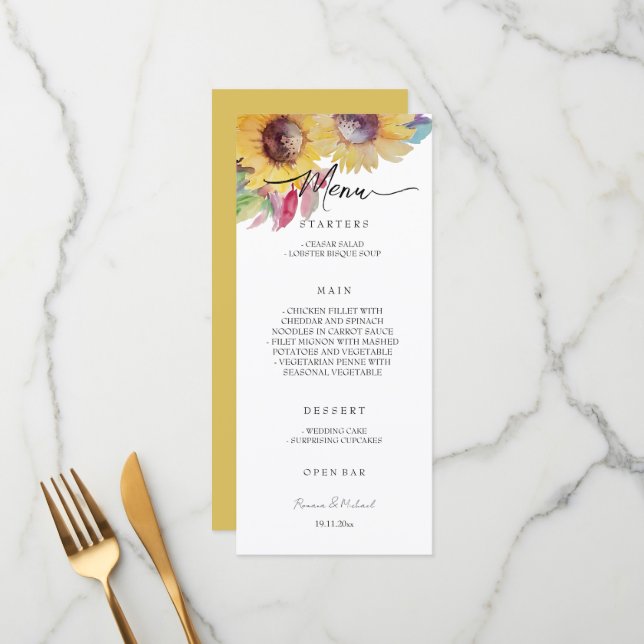 Rustic Artistic Sunflower Watercolor Art Menu (Front/Back In Situ)