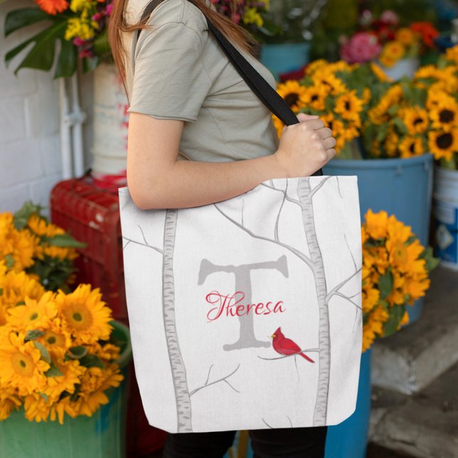 Rustic Artistic Woodland Red Bird Stylish Country Tote Bag (Winter red cardinal and birch tree monogram tote bag)