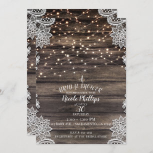 Rustic Ash Brown Wood Lace & Lights Bridal Shower Invitation
