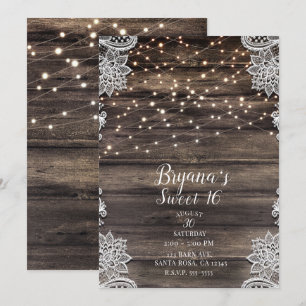 Rustic Ash Brown Wood Lace Lights Sweet 16 Party Invitation
