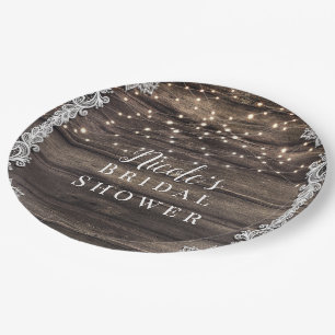 Rustic Ash Brown Wood Lace & Lights Wedding Bridal Paper Plate