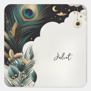 Rustic Asian Sky Cloud Peacock Bridal Shower Square Sticker