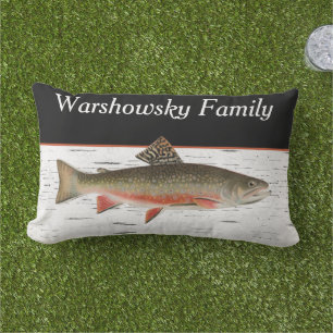 . Rustic Aspen Bark Trout fisherman Brushed Polye Lumbar Cushion