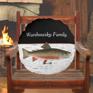  Rustic Aspen Bark Trout  Fisherman Lake House Round Cushion