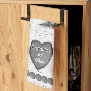 Rustic Aspen Bark Wood Carved Heart #1 Mum Name  Tea Towel