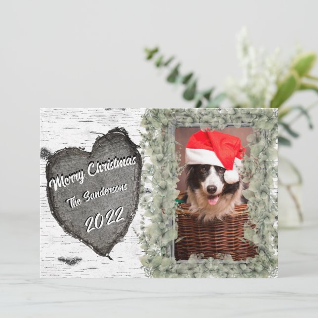 Rustic Aspen Bark Wood Heart  Family Photo  Holiday Card (Standing Front)