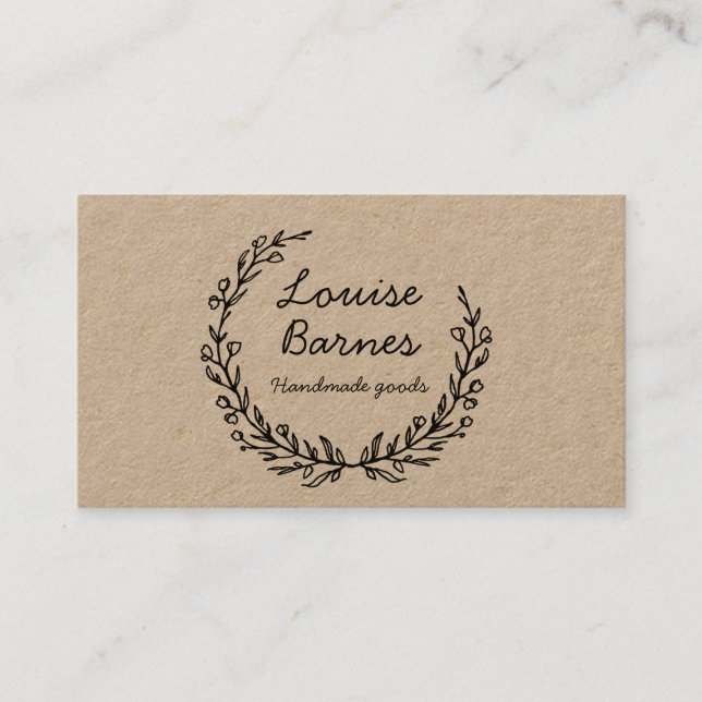 Rustic asymmetric wreath on kraft business card (Front)