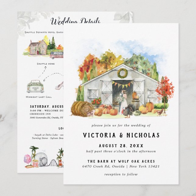 Rustic Autumn Barn | Illustrated Wedding Weekend Invitation (Front/Back)