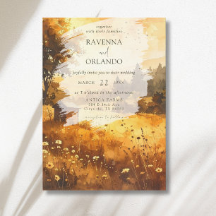 Rustic Autumn Barn Meadow Watercolor Wedding Invitation