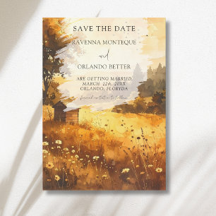 Rustic Autumn Barn Meadow Watercolor Wedding Save The Date
