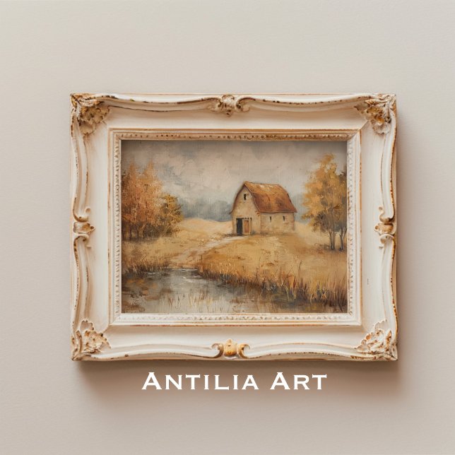 Rustic Autumn Barn Painting Vintage Pond Landscape Poster (Creator Uploaded)
