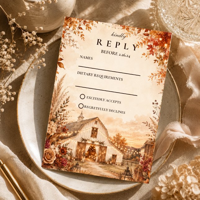 Rustic Autumn Barn Wedding RSVP Card (Creator Uploaded)