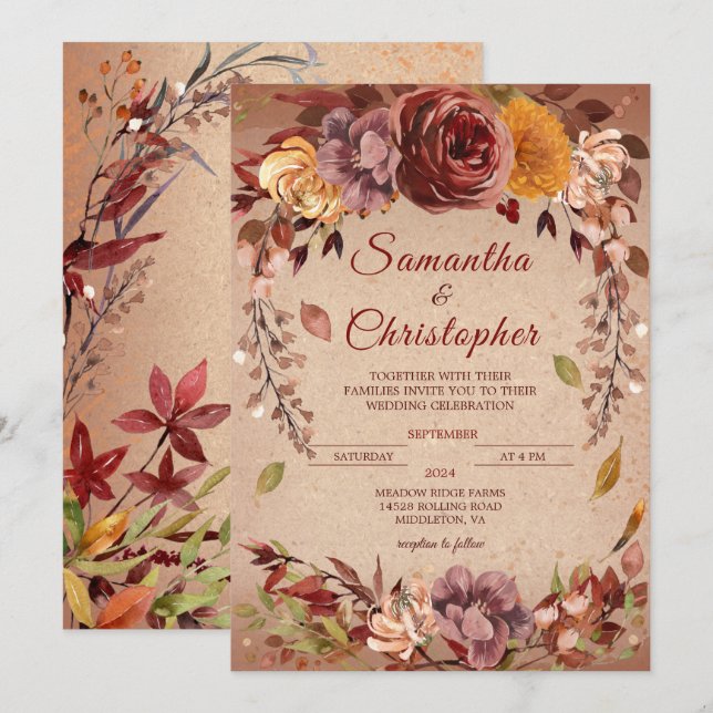 Rustic Autumn Bloom Burgundy Amber Fall Wedding Invitation (Front/Back)