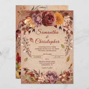 Rustic Autumn Bloom Burgundy Amber Fall Wedding Invitation