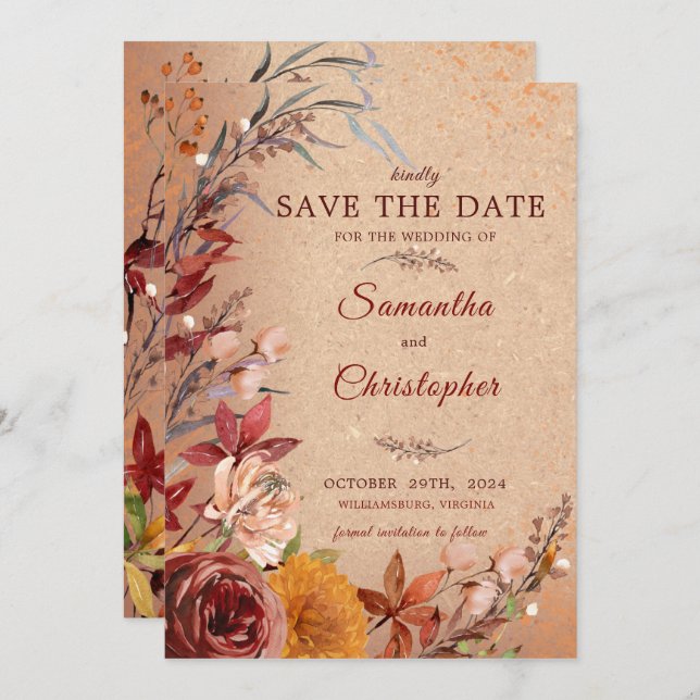 Rustic Autumn Bloom Burgundy Amber Floral  Save The Date (Front/Back)