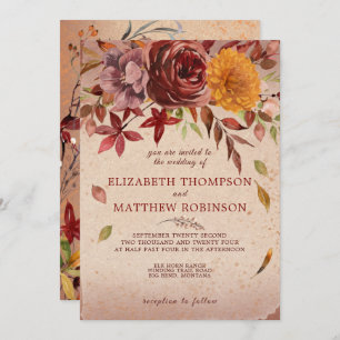 Rustic Autumn Bloom Burgundy Blush Fall Wedding  Invitation