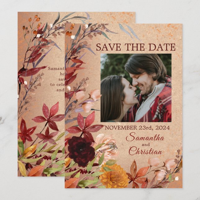 Rustic Autumn Bloom Burgundy Blush Photo Save The Date (Front/Back)