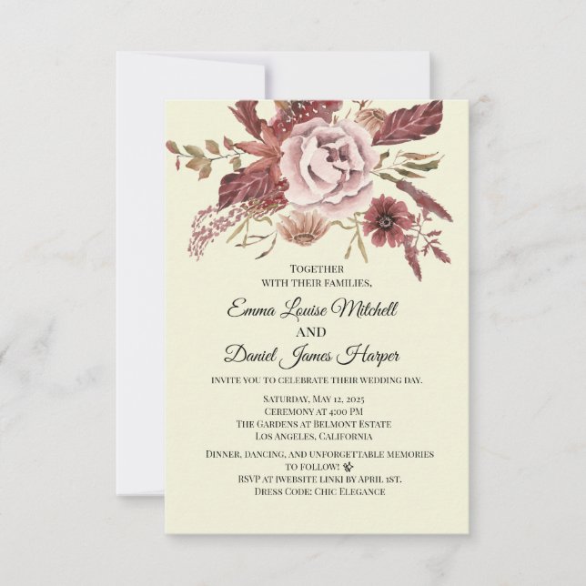 Rustic Autumn Blooms Cream Background Watercolor Invitation (Front)