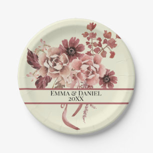 Rustic Autumn Blooms Cream Background Watercolor Paper Plate