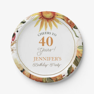 Rustic Autumn Boho Sunflower 40th Birthday Party   Paper Plate