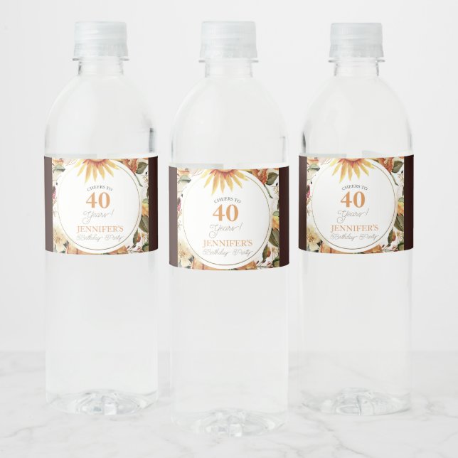 Rustic Autumn Boho Sunflower 40th Birthday Party   Water Bottle Label (Bottles)
