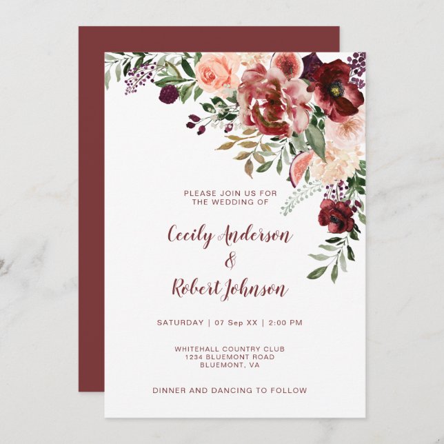 Rustic Autumn Boho Watercolor Flowers Invitation (Front/Back)
