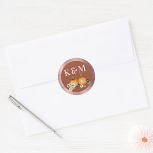 Rustic Autumn Botanical Pumpkin Wedding Monogram Classic Round Sticker