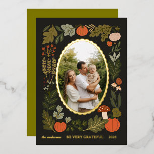 Rustic Autumn Botanical Thanksgiving Family Photo  Foil Holiday Card