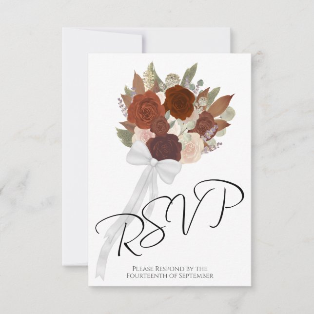 Rustic Autumn Bouquet Rust Orange Roses Wedding RSVP Card (Front)