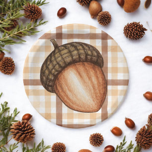 Rustic Autumn Brown Plaid Fall Acorn Baby Shower Paper Plate