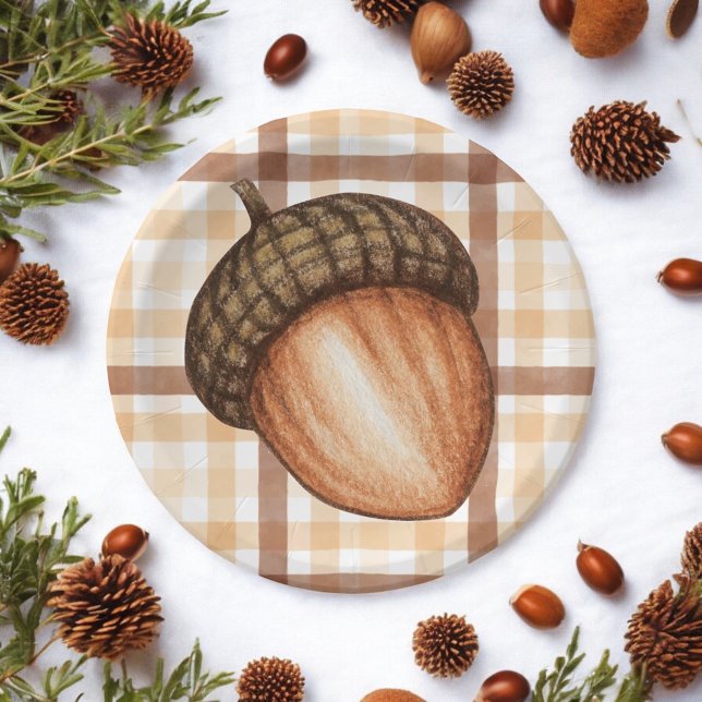 Rustic Autumn Brown Plaid Fall Acorn Baby Shower Paper Plate (Creator Uploaded)