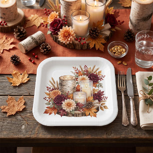 Rustic Autumn Candle Floral Centerpiece Paper Plate