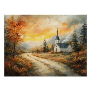 Rustic Autumn Church Watercolor Painting Poster