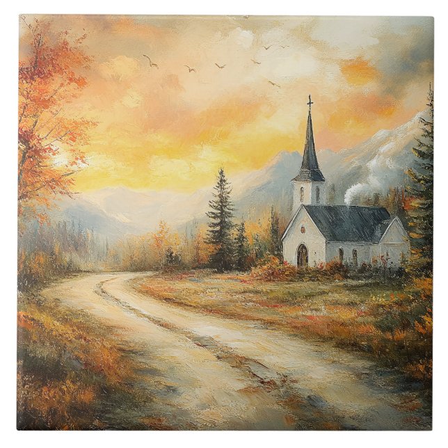 Rustic Autumn Church Watercolor Painting Tile (Front)