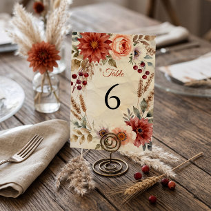 Rustic Autumn Dahlia Watercolor Floral Wedding Table Number