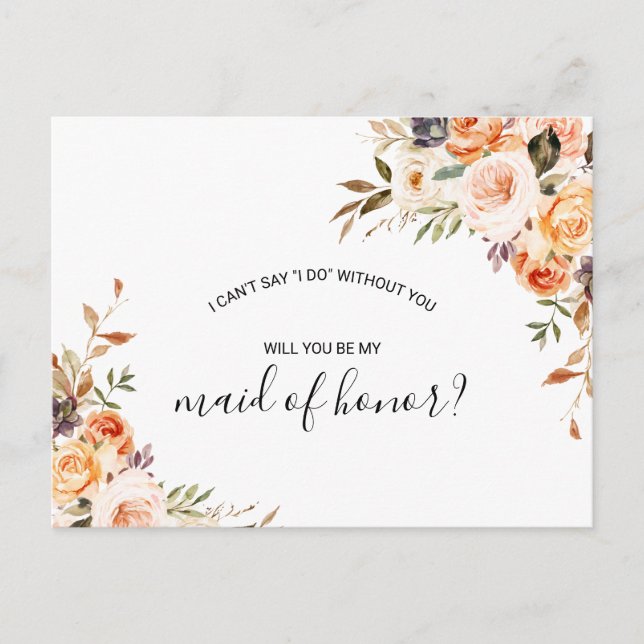 Rustic Autumn Elegant Floral Maid of Honour Invitation Postcard (Front)