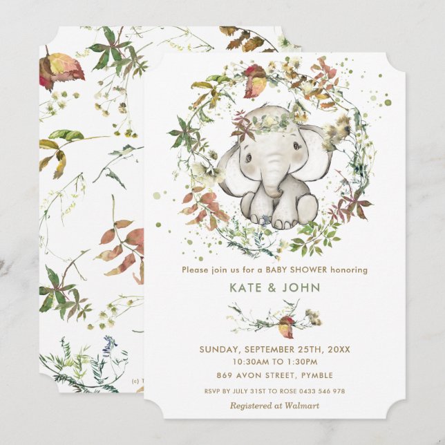 Rustic Autumn Elephant Gender Neutral Baby Shower Invitation (Front/Back)