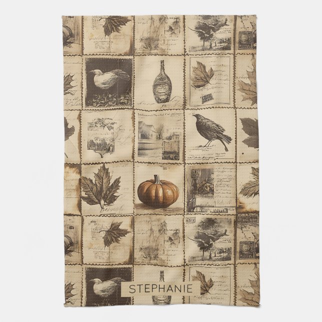 Rustic Autumn Ephemera Collage | Warm Earthy (2) Tea Towel (Vertical)