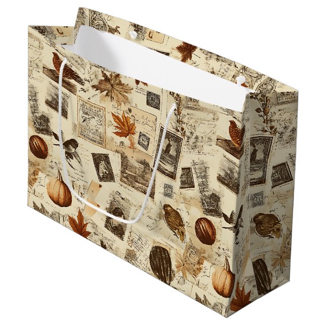 Rustic Autumn Ephemera Collage | Warm Earthy Large Gift Bag (Front Angled)