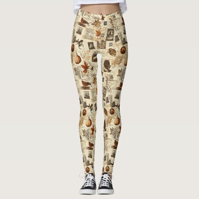Rustic Autumn Ephemera Collage | Warm Earthy Leggings (Front)