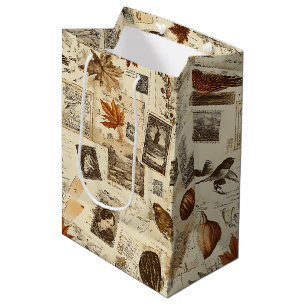 Rustic Autumn Ephemera Collage Warm Earthy Medium Gift Bag